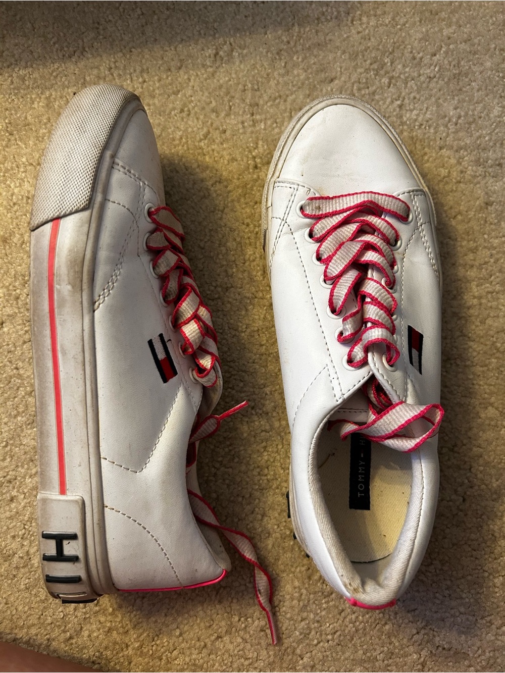 Tommy Hilfiger White Sneakers with Pink Trim and Striped Laces